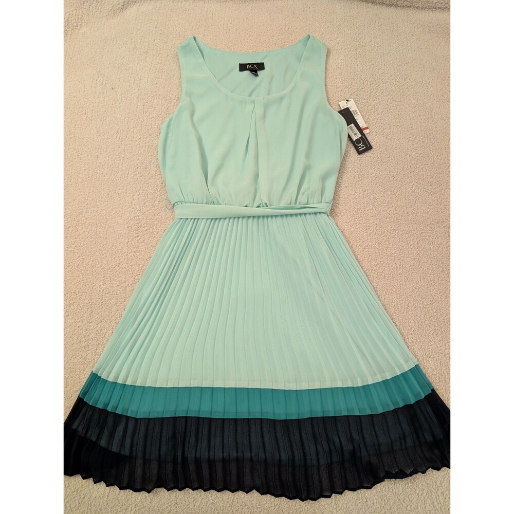 Womens BCX Pleated Teal And Navy Color Block Sleeveless Knee Length Dress Size S